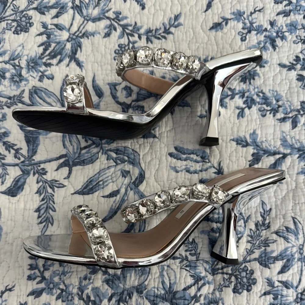 Zara Silver Metallic Jeweled Heels